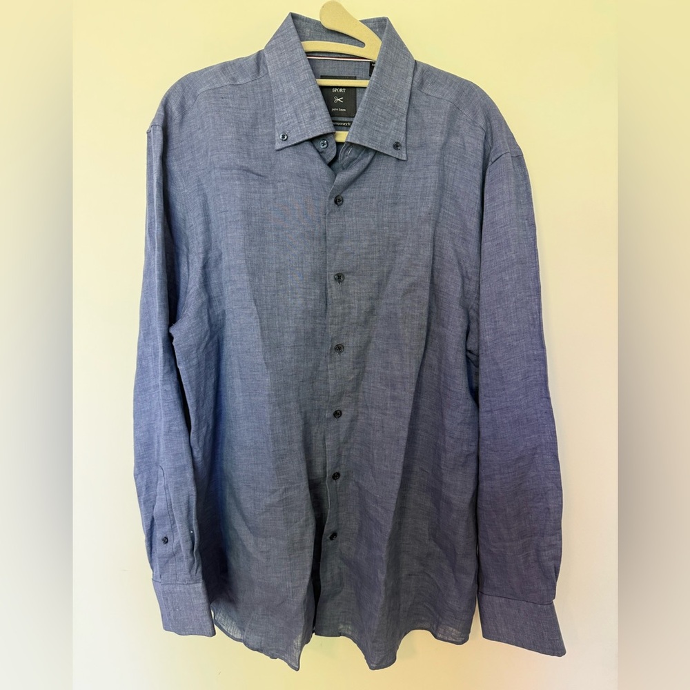 Proper Sport Men's 100% Linen Long Sleeve Button-Up Shirt - Chambray Blue - Larg
